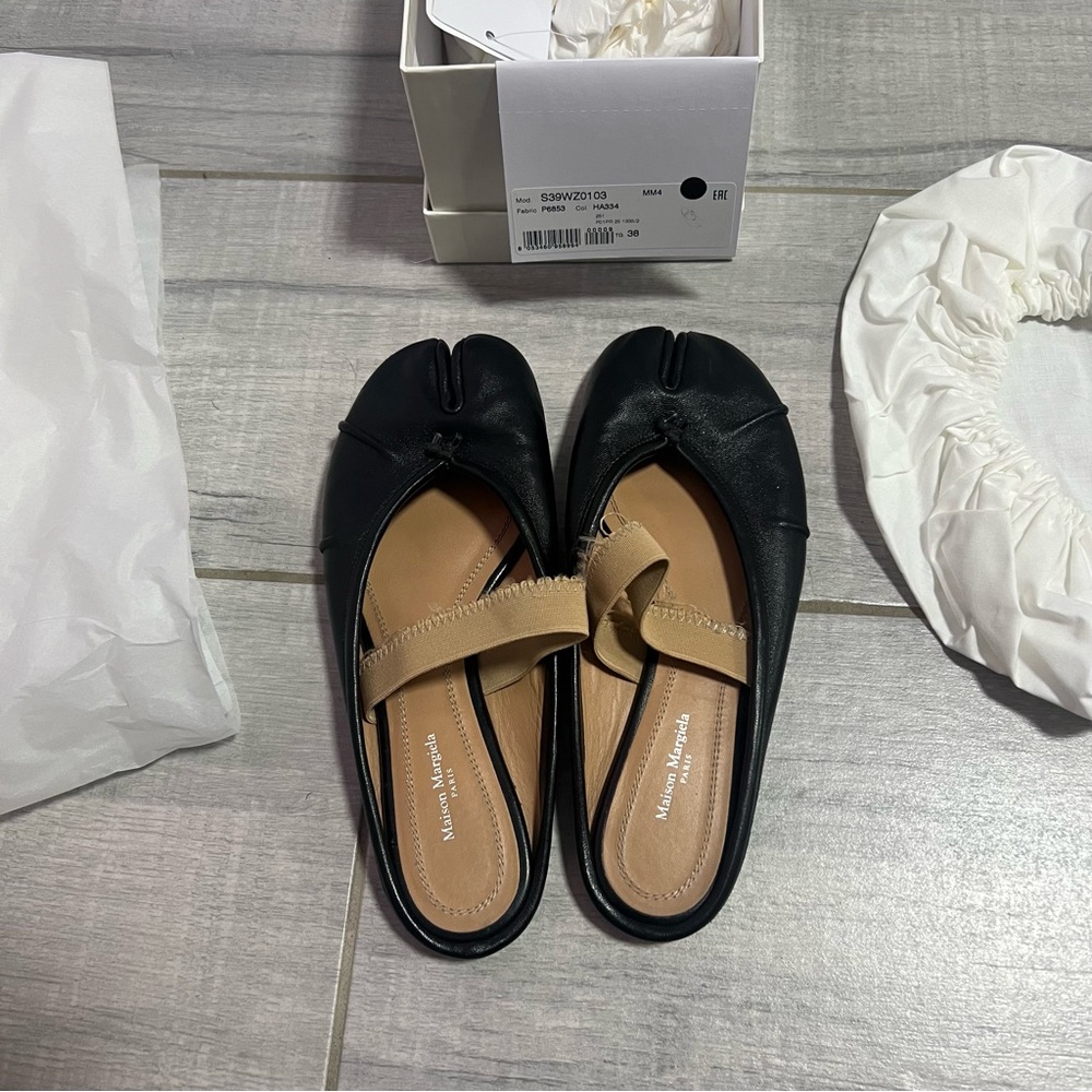 Maison Martin Margiela TABI Black Leather Ballet Flats Elastic Band Mules